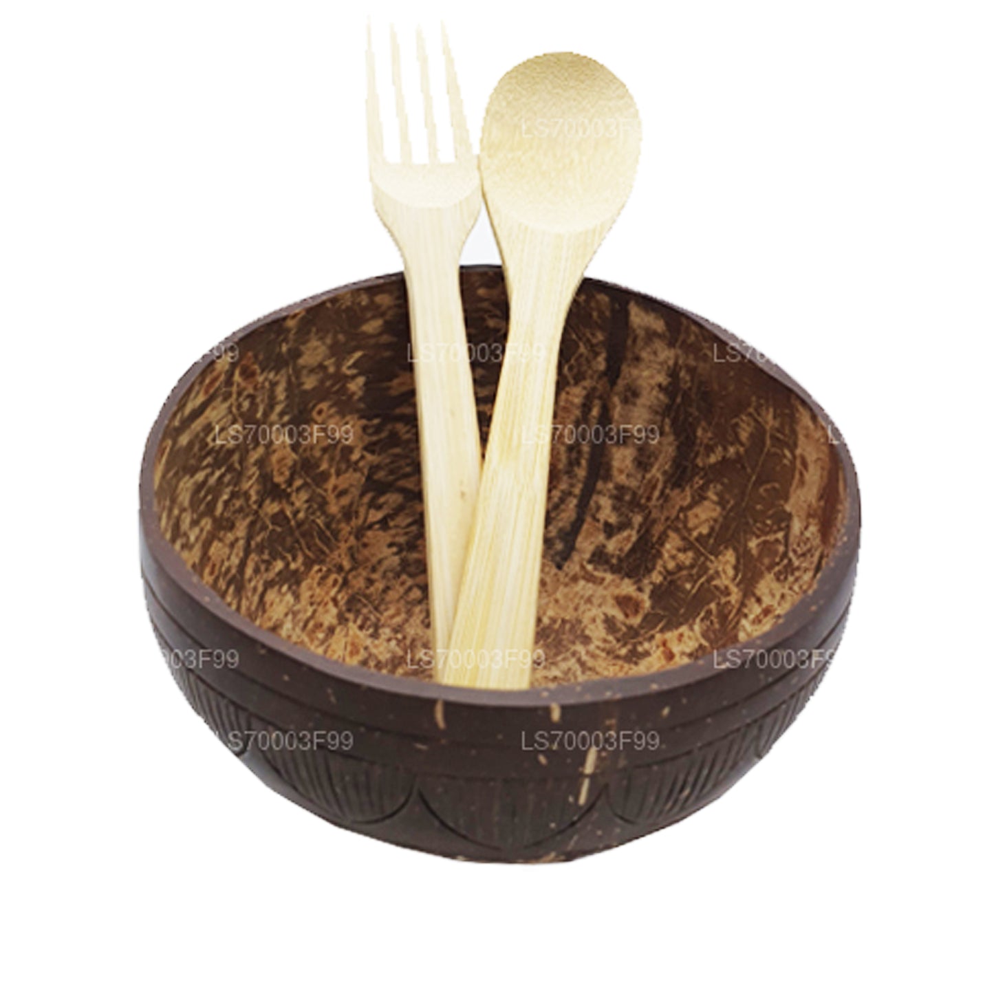 Tazón de batido de cáscara de coco con cuchara y tenedor