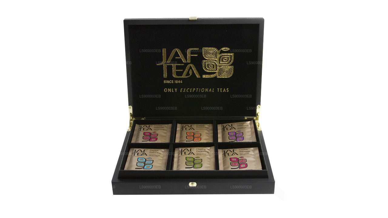 Presentador de madera Jaf tea con tapa cerrada y 6 compartimentos