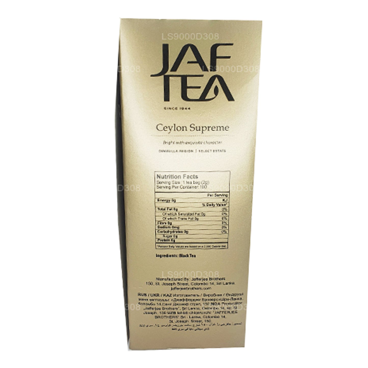 Cadena y etiqueta de té Jaf Tea Classic Gold Collection Ceylon Supreme, 100 bolsas de té (200 g)