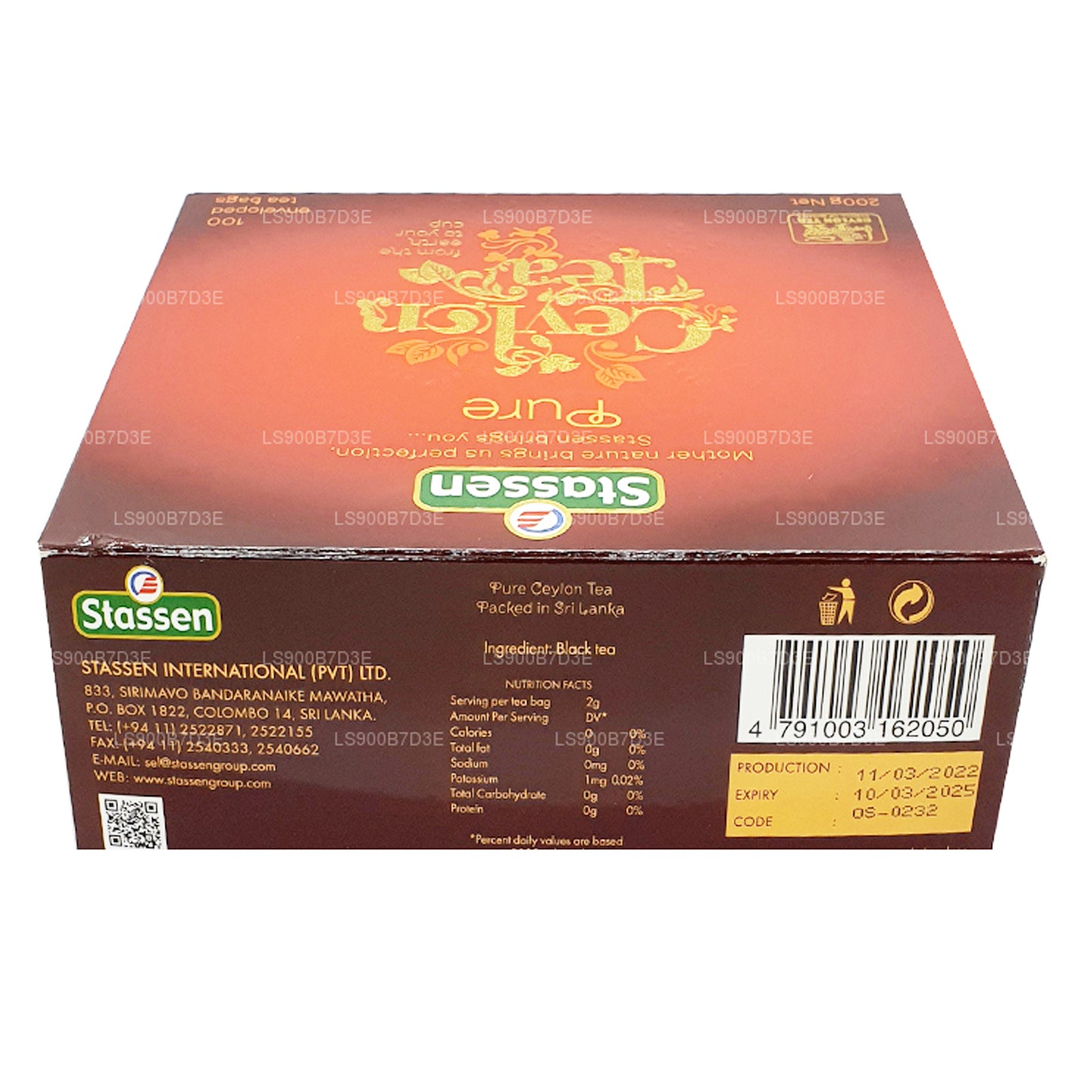 Té negro puro de Ceilán de Stassen (200 g) 100 bolsitas de té