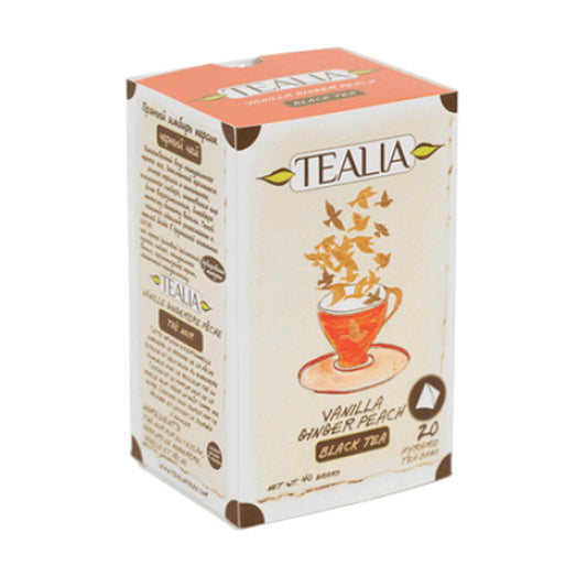 20 bolsitas de té Tealia con vainilla, jengibre y melocotón (40 g) en forma de pirámide