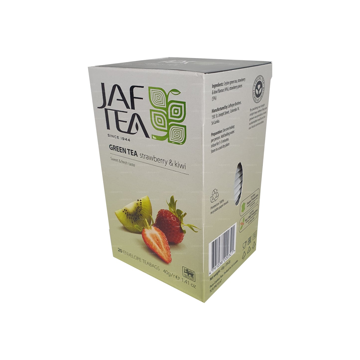 Jaf Tea Pure Green Collection Té verde de fresa y kiwi (40 g) 20 bolsitas de té