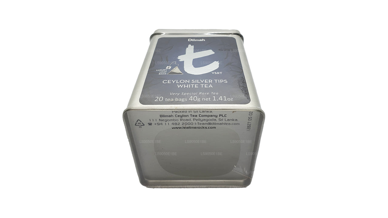 Tarro de té blanco Dilmah serie T VSRT de Ceilán con puntas plateadas (40 g), hojas sueltas