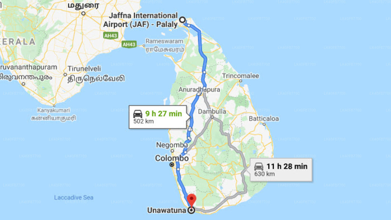 Jaffna Airport (JAF) to Unawatuna City Private Transfer