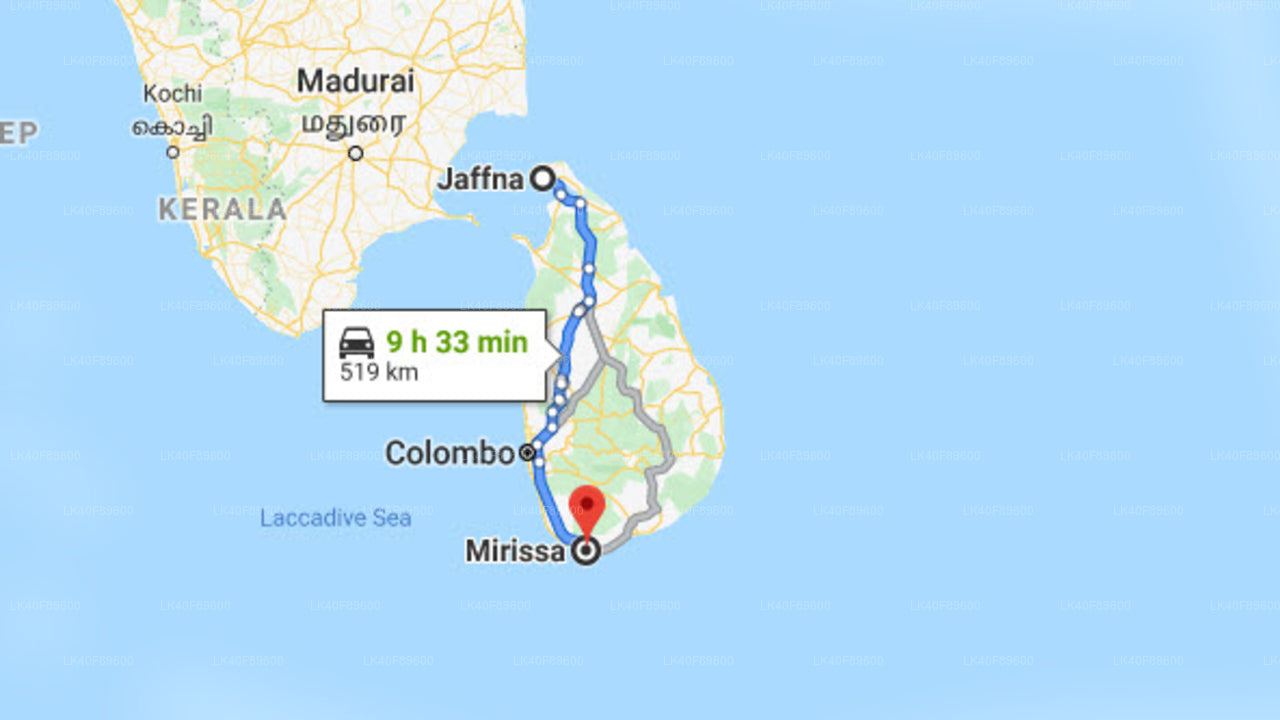 Jaffna Airport (JAF) to Mirissa City Private Transfer