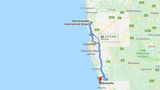 Transfer between Colombo Airport (CMB) and Tropical Villas, Beruwala