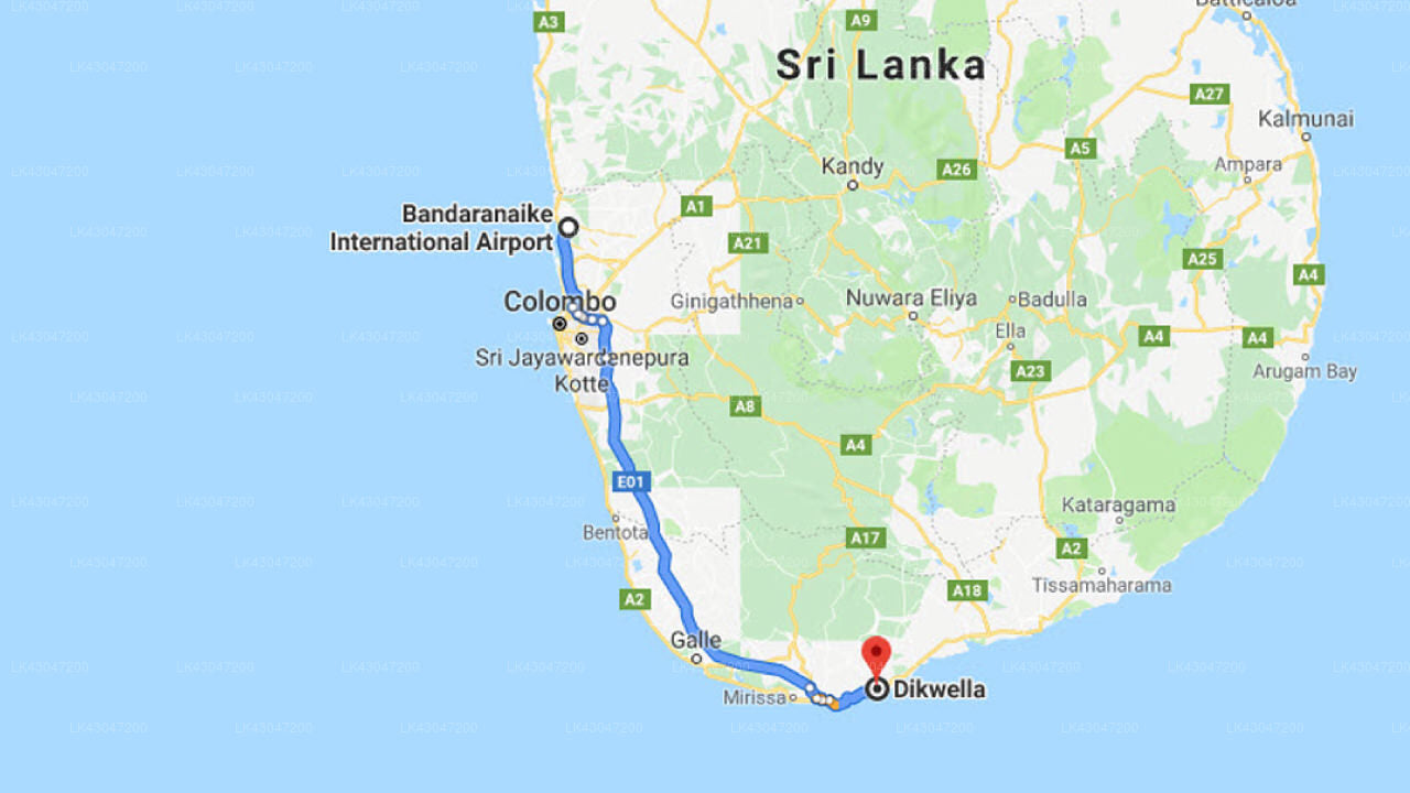 Transfer between Colombo Airport (CMB) and Austrian Beach Resort, Dikwella