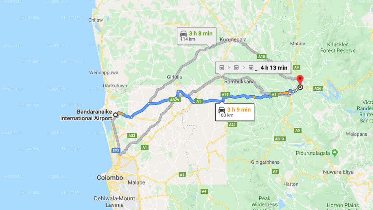 Transfer between Colombo (CMB) Airport and Theva Residency, Kandy