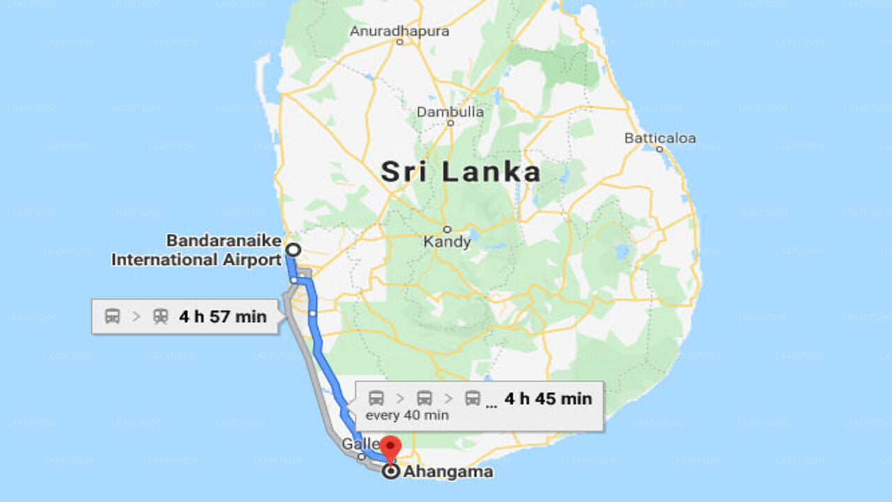 Transfer between Colombo Airport (CMB) and Puhulyaya Holiday Bungalow, Ahangama