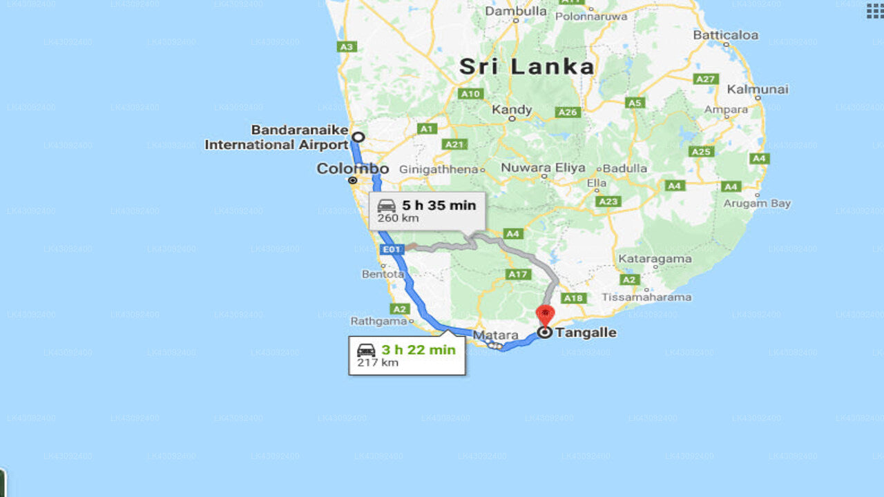 Transfer between Colombo Airport (CMB) and Sandy Cabanas, Tangalle