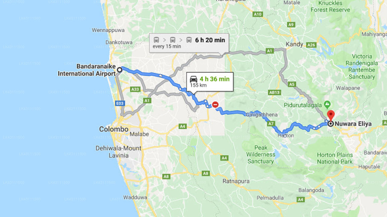 Transfer between Colombo Airport (CMB) and Hotel Yenisey, Nuwara Eliya