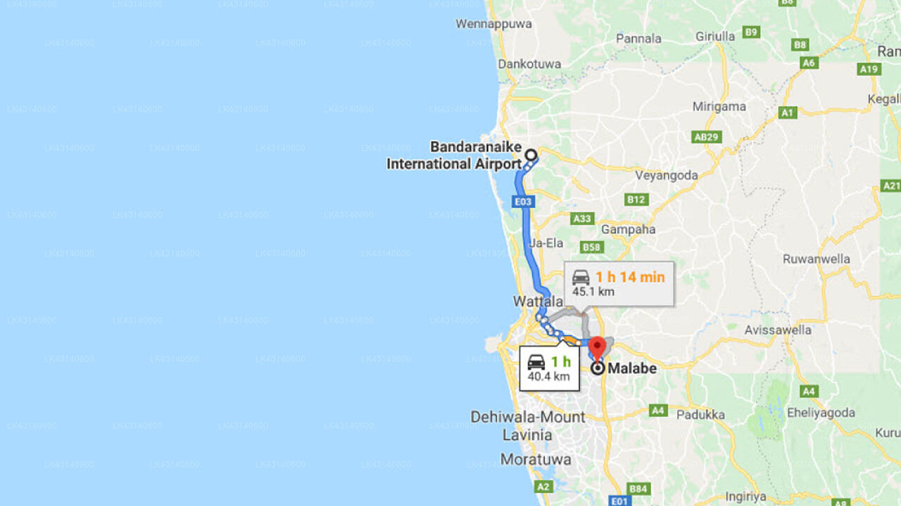 Transfer between Colombo Airport (CMB) and Creeks Villa, Malabe