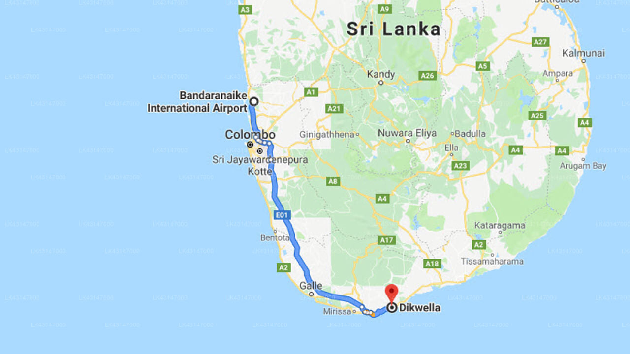 Transfer between Colombo Airport (CMB) and Claughton House, Dikwella