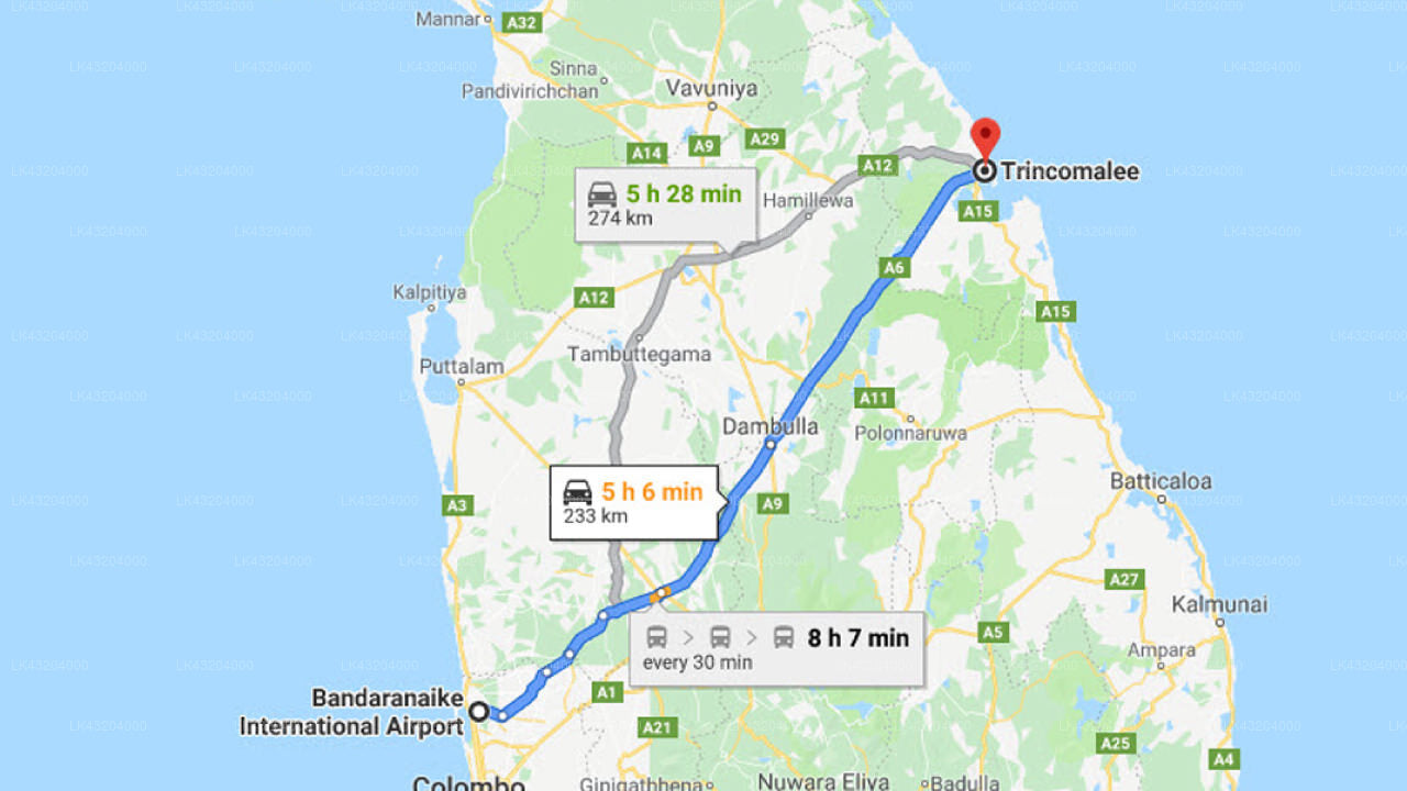 Transfer between Colombo Airport (CMB) and Anantamaa Hotel, Trincomalee