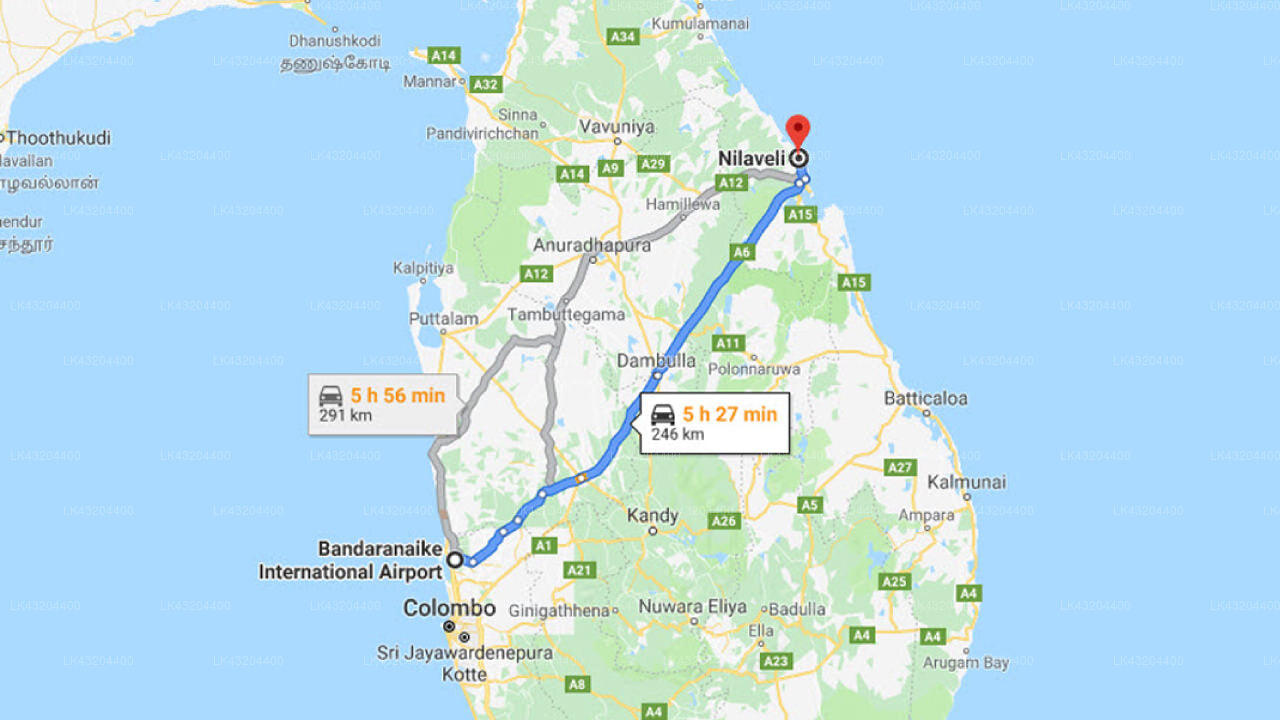 Transfer between Colombo Airport (CMB) and Nilaveli Crystal Blue Hotel, Nilaveli