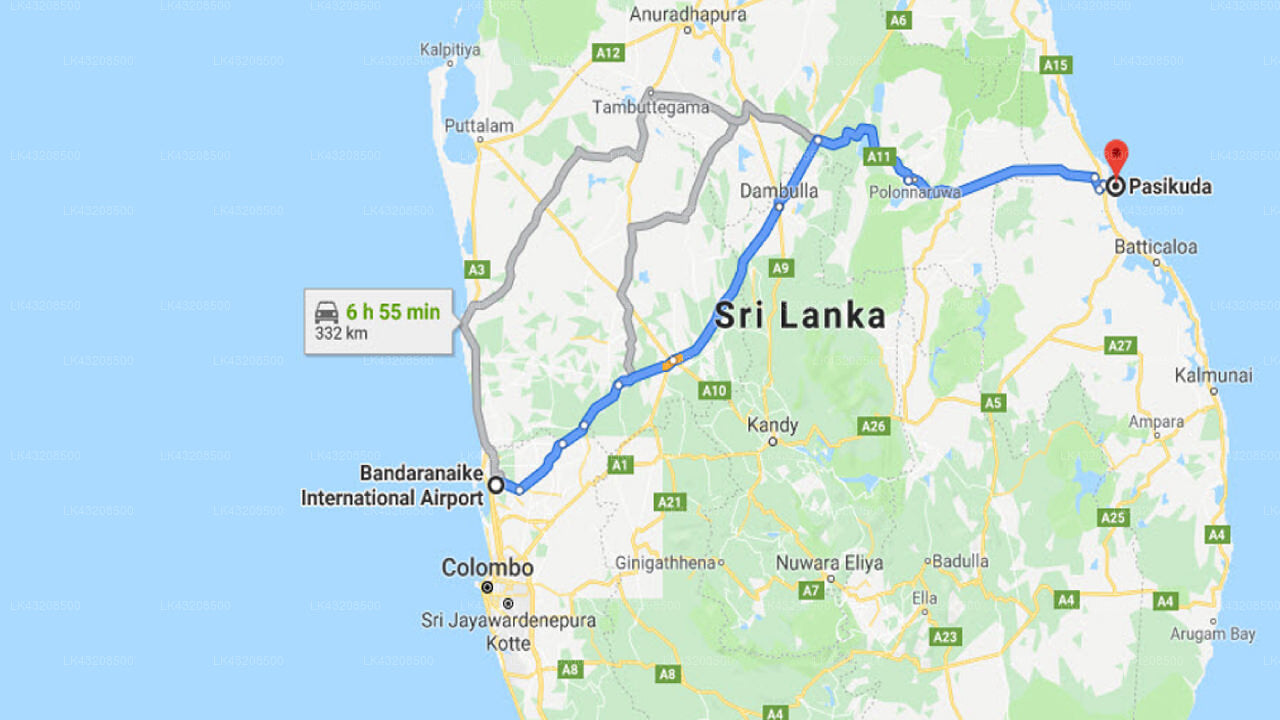 Transfer between Colombo Airport (CMB) and Giman Free Beach Resort, Pasikuda