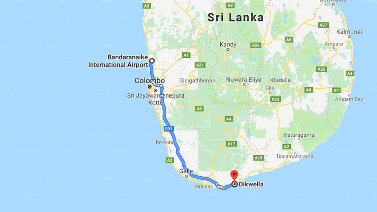 Transfer between Colombo Airport (CMB) and Wetakeiya House, Dikwella